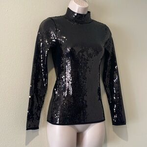 Beyman Collection black sequin knit mock turtle neck top, Small